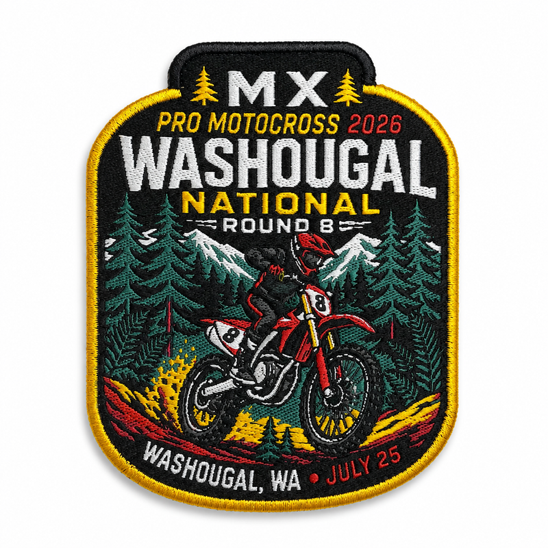 An embroidered patch for Washougal National 2026 Pro Motocross Round 8, featuring a motocross rider on a red dirt bike in a pine forest setting, with 'MX' at the top and 'Washougal, WA' at the bottom.