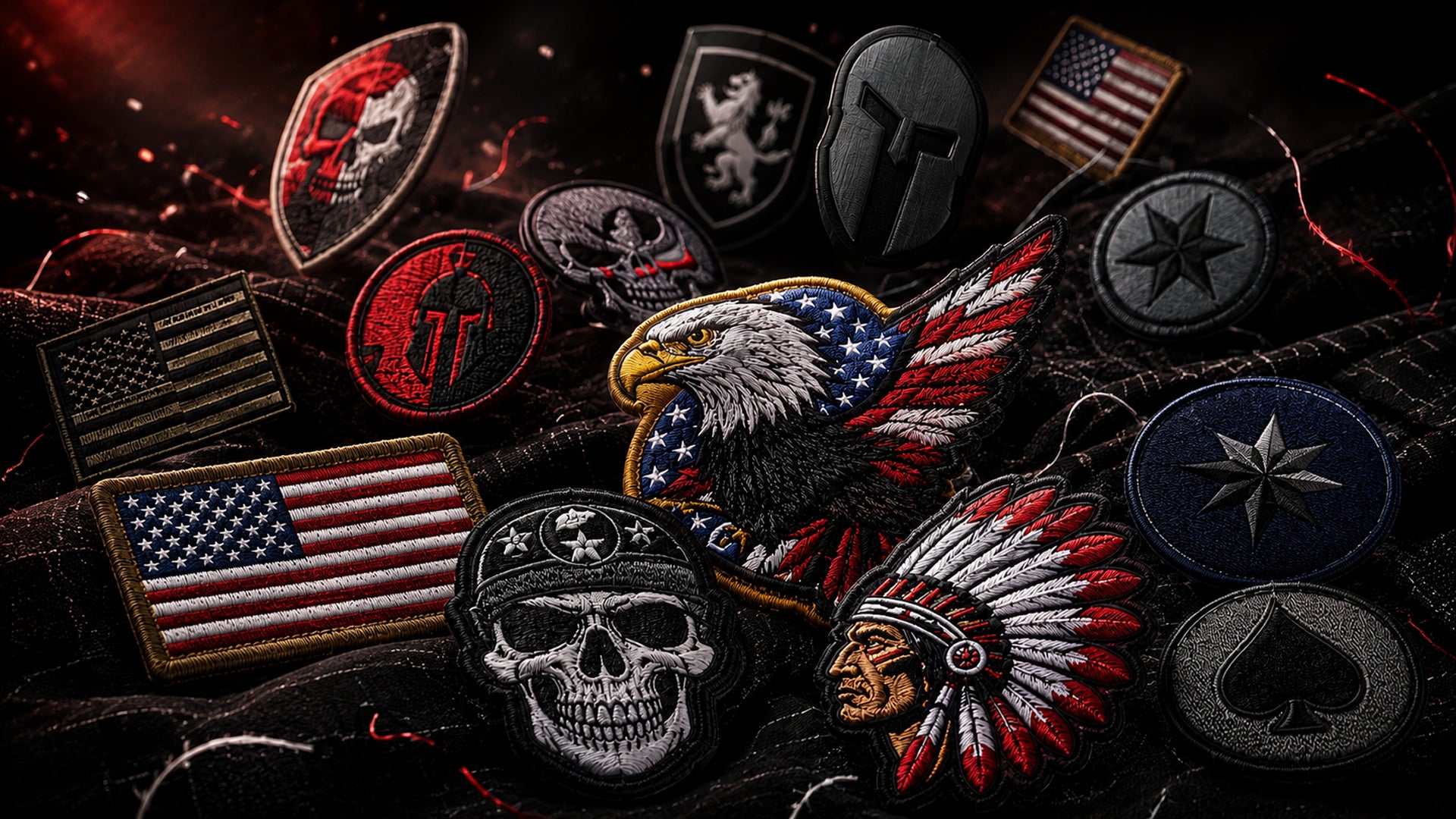 A collection of embroidered military and tactical patches arranged on a dark textured background. The patches include an eagle with an American flag wing, a skull in a military beret, a Native American chief feather headdress, shield and spade emblems, American flags, and skull insignias in red, black, white, blue, and gray.