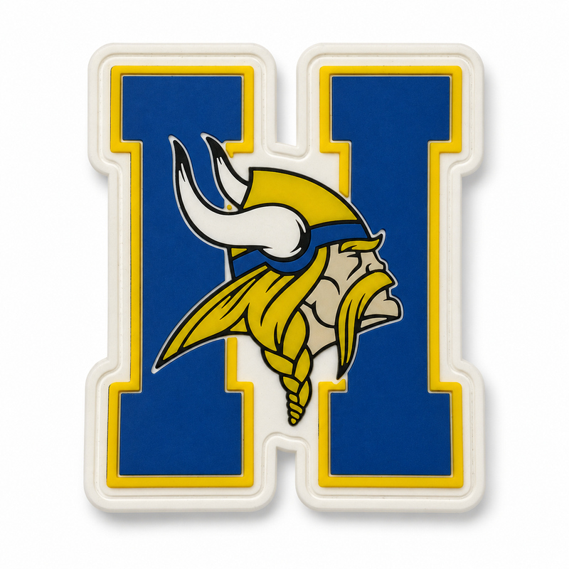 A die-cut vinyl decal featuring a large blue letter 'H' outlined in yellow, with the Minnesota Vikings horned helmet logo in the center, shown on a plain white background.
