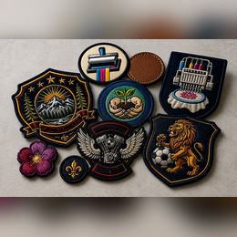 A group of embroidered military-style patches with various designs including a lion, mountain, fleur-de-lis, and other insignias, displayed on a neutral surface.