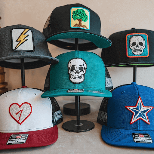 collection of various custom hats patches