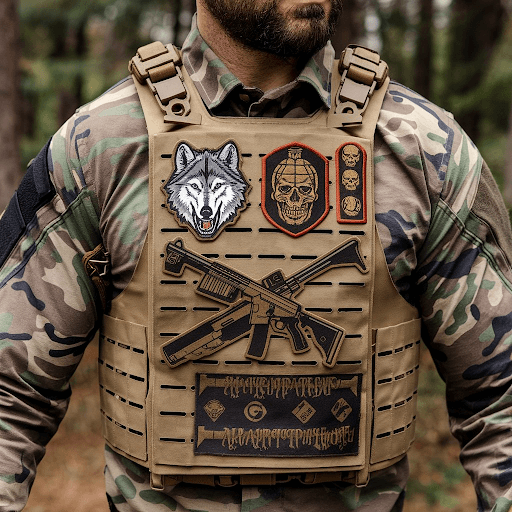 tactical vest adorned with custom tactical patches