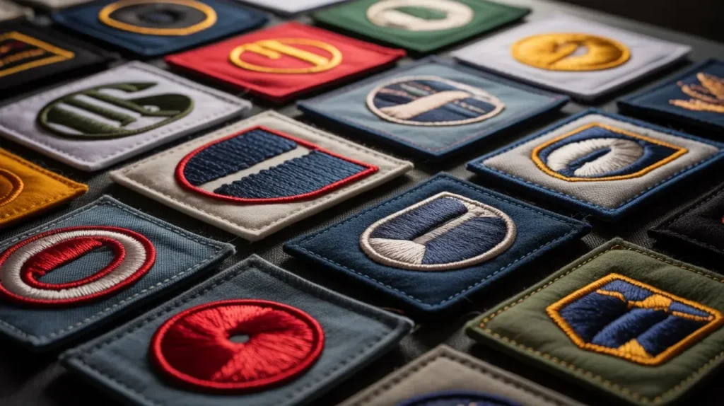 Multiple patches with different visuals embroidered on them.