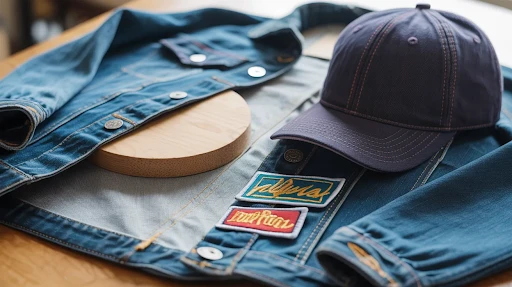 A denim jacket with iron on patches placed on a wooden table with a cap.