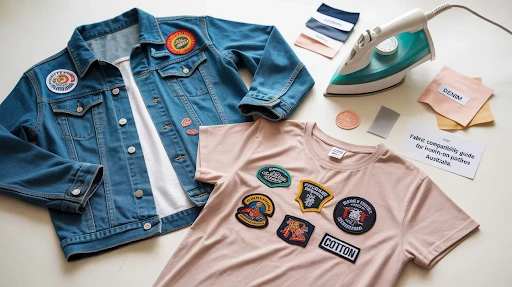Iron on patches attached to a denim jacket and a t-shirt.
