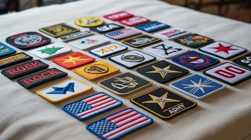 A collection of custom made sew-on patches placed on a white clothed table