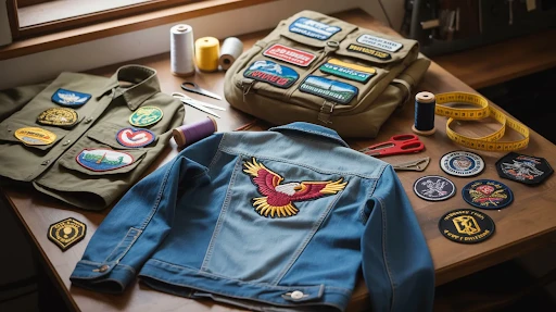 A collection of custom made sew-on patches placed and jacket with an eagle patch on its back, on a table.