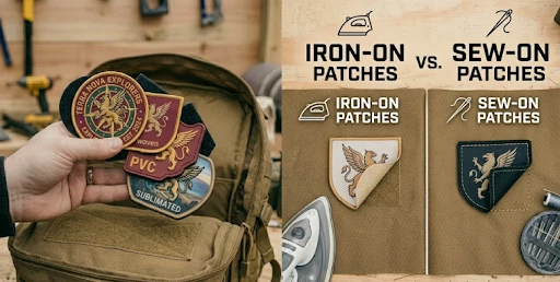 Iron-on vs. sew-on Velcro patches on tactical bags.
