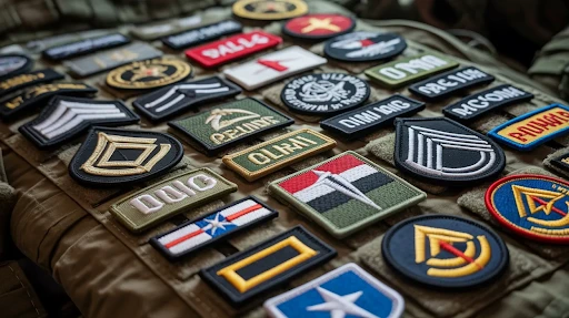 Military patches displayed on a military vest.