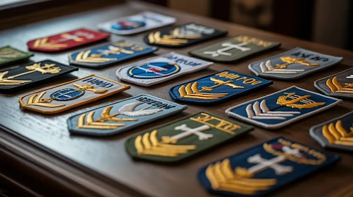 military patches laid on a wooden table.