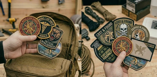 Morale Velcro patches on tactical bags.
