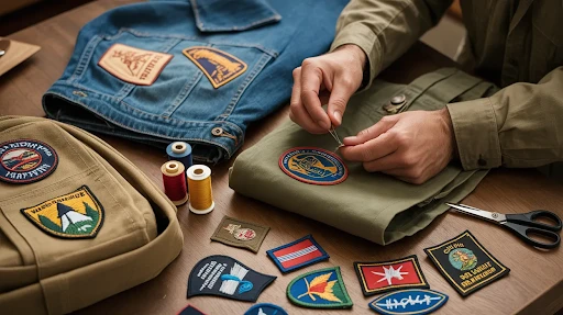 Sew-on patch being placed on a jacket and a variety of different patches lying around the table.