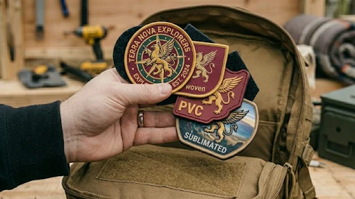Types of different Velcro patches on tactical bags.
