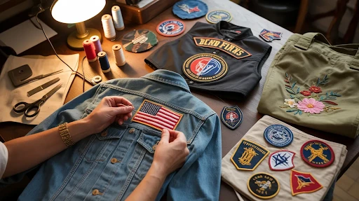 A U.S flag patch being sewed on the back of a denim jacket and other patched apparel lying around.