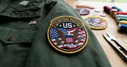 A custom USA patch attached on a jacket sleeve.
