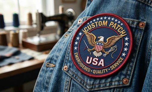 Custom patch made in the USA applied on a denim jacket pocket.