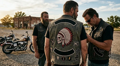 Riders wearing vest with motorcycle club patches.